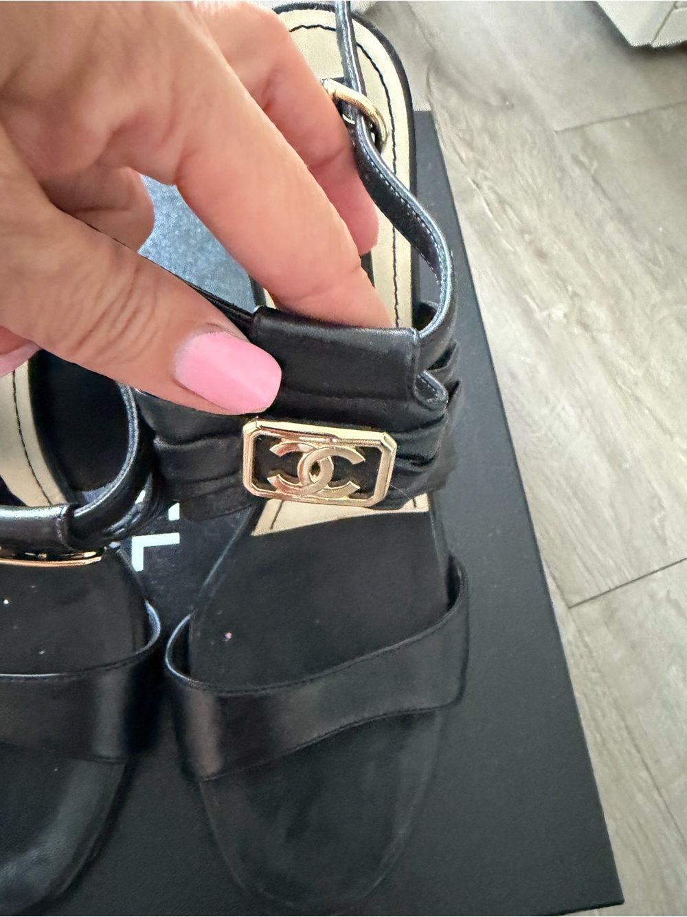 CHANEL Black Leather Sandals with Gold CC Emblem